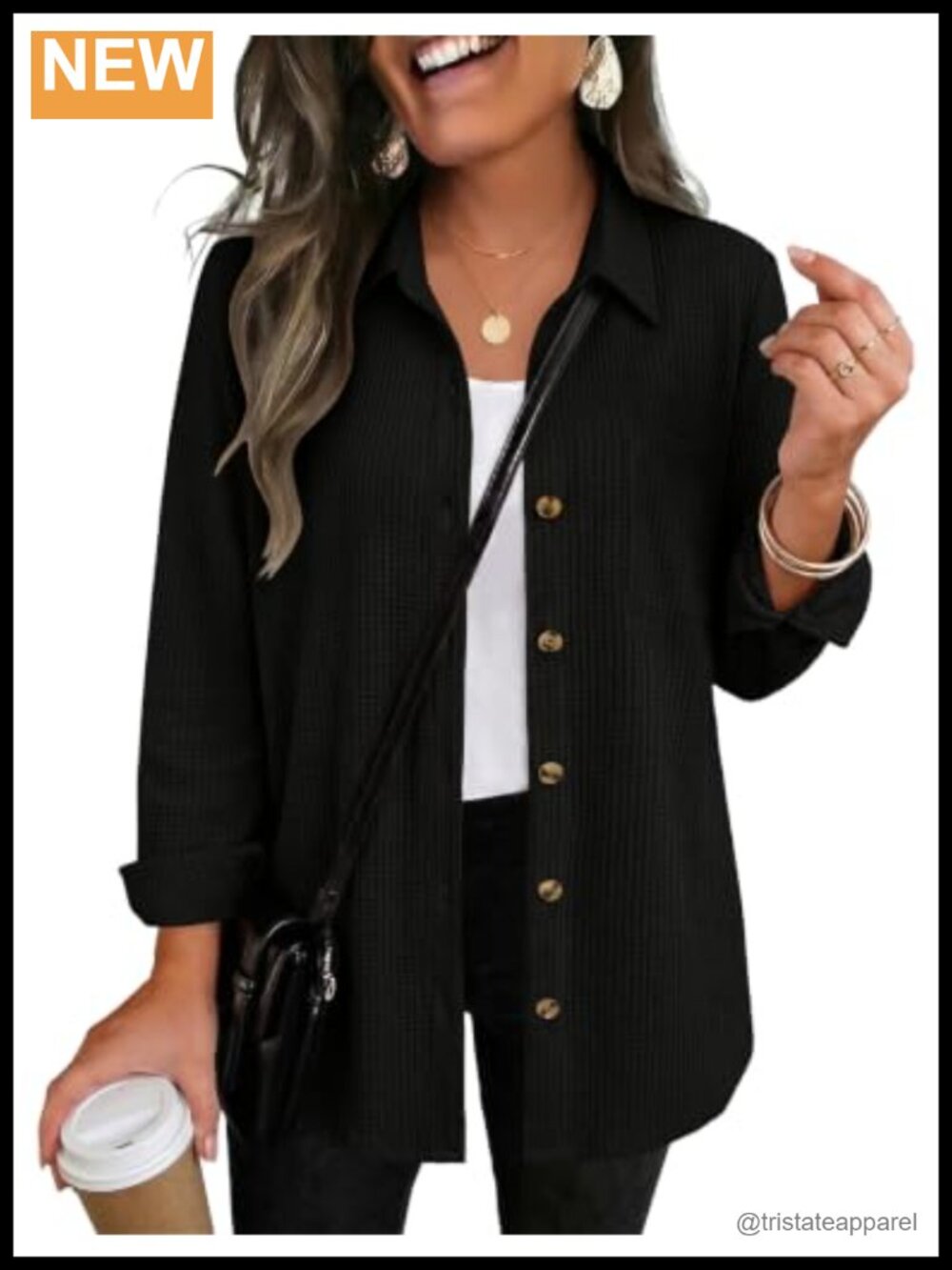 Waffle Knit Shacket Long Sleeve Button Down Women's Casual Top